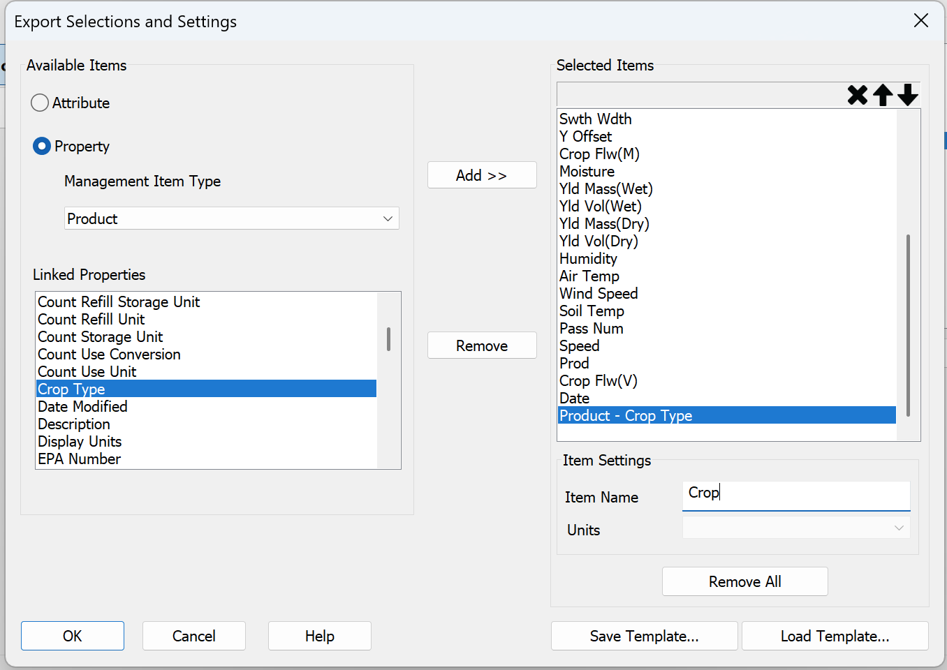 Export Selections and Settings dialog